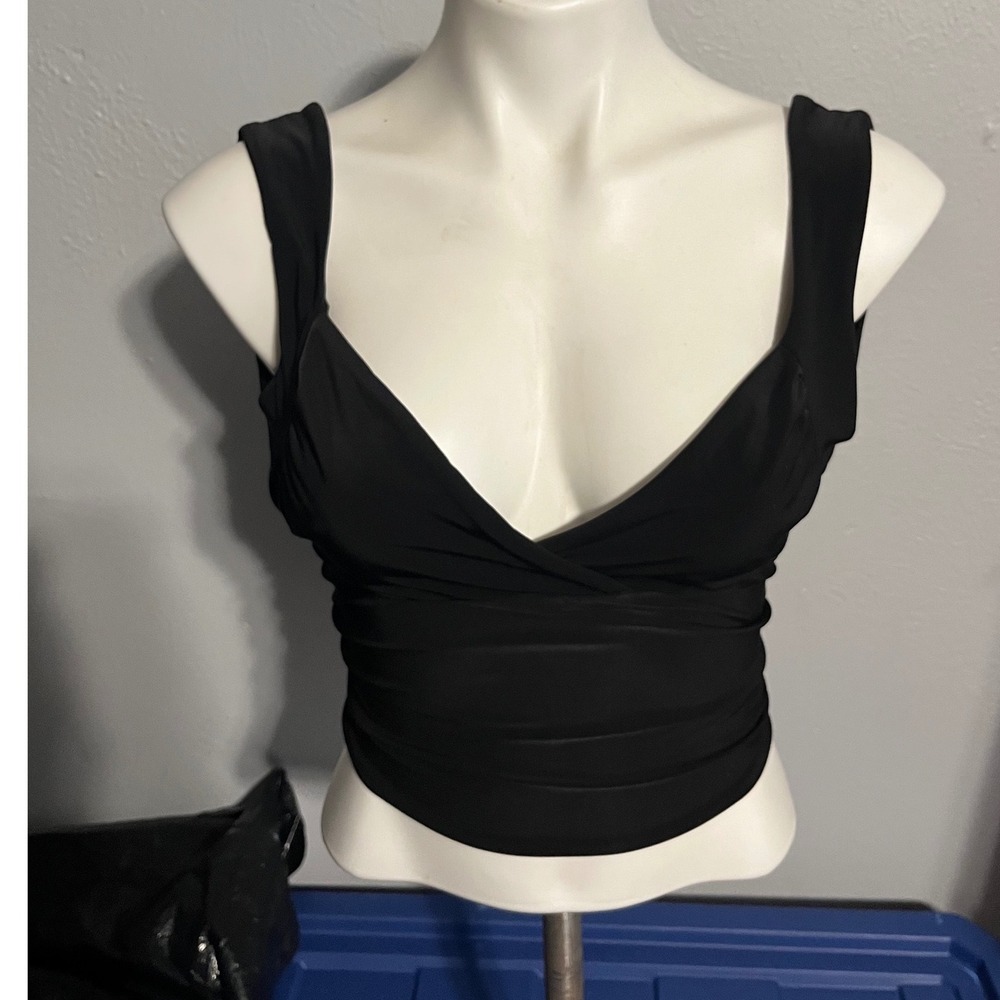 Tresser Black Surplice‎ V-Neck Open Back Tie Crop Top Made in LA Womens Small